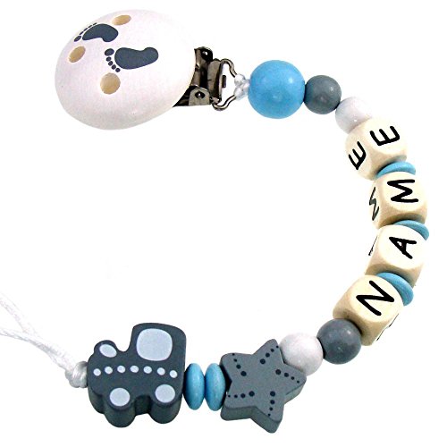 Schnullerkette mit Namen Holzzug grau