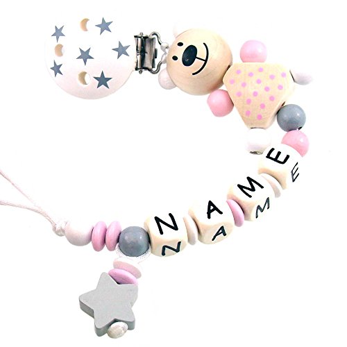 Schnullerkette mit Namen rosa Teddybär und Sterne
